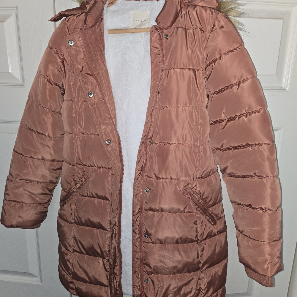 Copper Key Mauve Orange Puffer Coat with Faux Fur Trim
